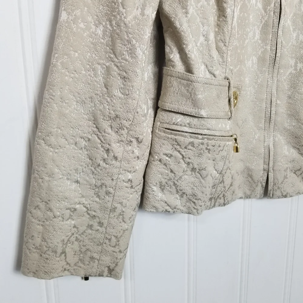 St John Evening Jacket Size 4 Champagne Metallic Brocade Gold Zip Blazer Elegant